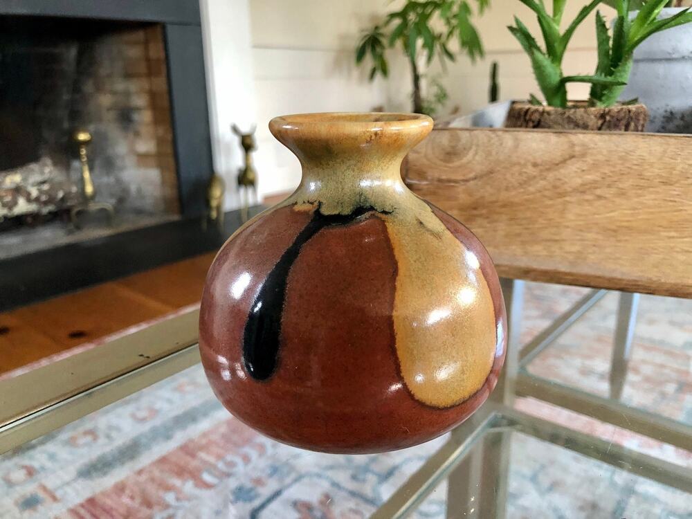 Vintage Handmade Ceramic Bud Vase Brown Beige Drip Glaze Studio Pottery
